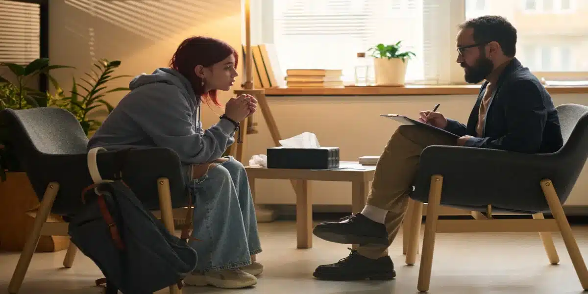 Young woman meeting with a therapist during an outpatient addiction treatment appointment Solstice Health & Wellness, Sarasota 1200x600 Young woman meeting with a therapist during an outpatient addiction treatment appointment Solstice Health & Wellness, Sarasota