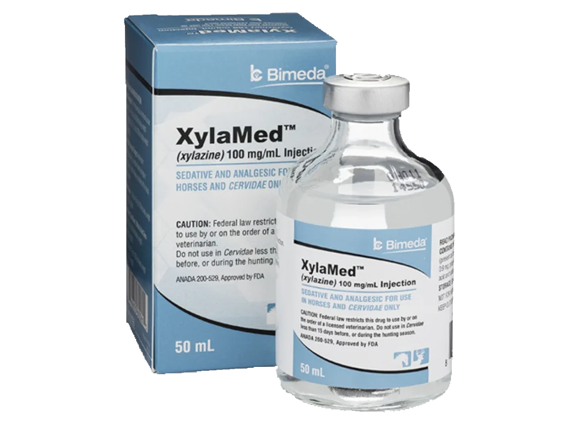 Xylazine injection vial with packaging highlighting overdose risk and exposure awareness