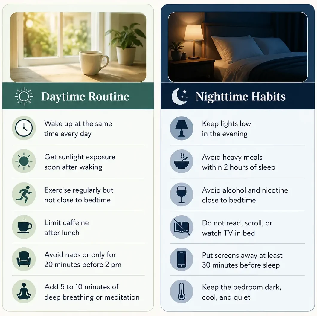 How to improve sleep quality tips infographic showing healthy daytime and nighttime habits for better sleep How to improve sleep quality tips infographic showing healthy daytime and nighttime habits for better sleep