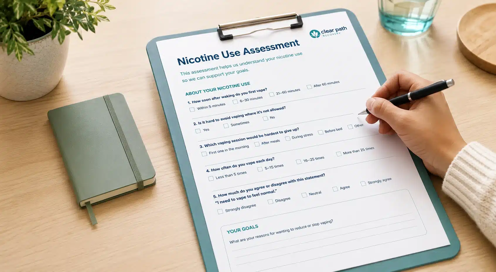 Patient completing a Nicotine Use Assessment for vaping addiction treatment screening Patient completing a Nicotine Use Assessment for vaping addiction treatment screening